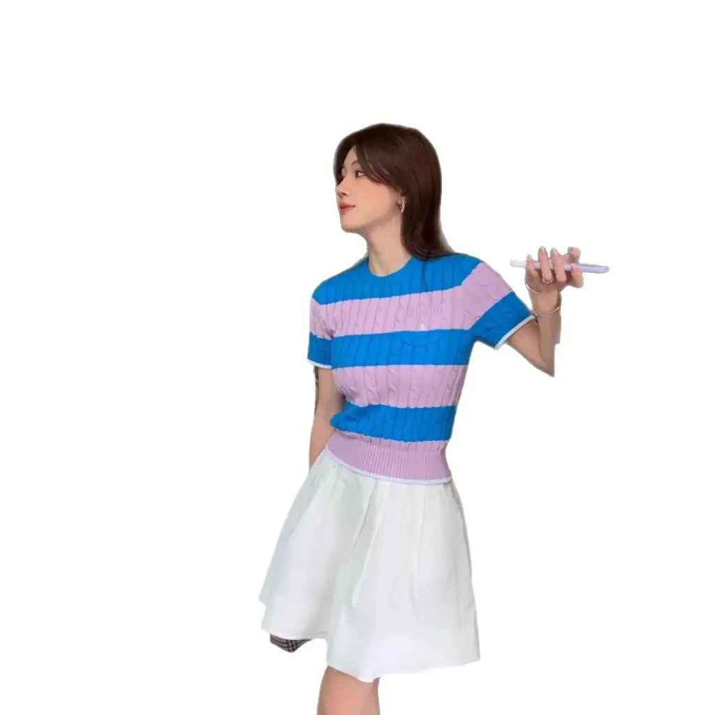 

Lavish RL High Quality Pure Cotton Knitted Short Sleeve Sweater Summer Stripe Embroidery Round Neck Women's Fashion Top