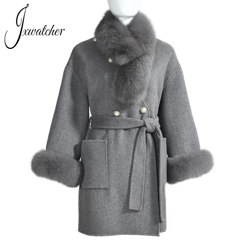 Imagem -04 - Jxverer Cabolsa de Caxemira Feminino Outono Inverno Quente Moda Trincheira Real Gola de Pele de Raposa e Manguito Senhoras Mistura de lã com Cinto Outwear