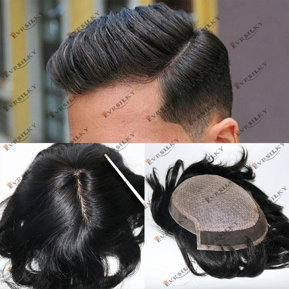 

Invisible Swiss Lace Front Silk Top Men Toupee Natural Black 100% Human Hair Natural Looking Bleached Knots Silk Base Male Wigs