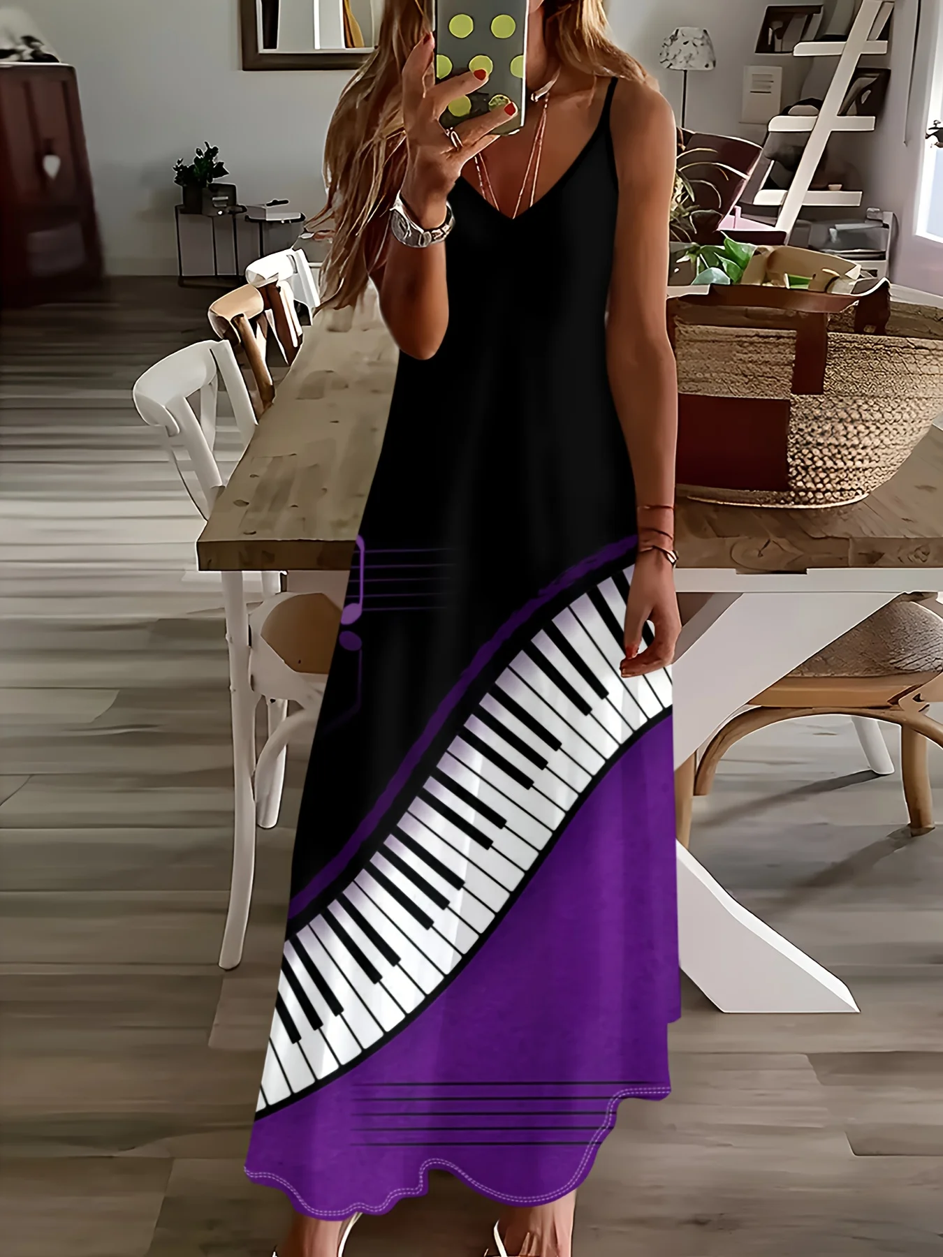 

Printed Design Casual Style Personality Piano Contrast Slip Dress