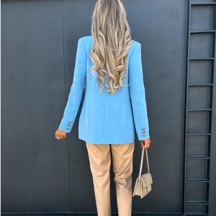 

OL Commuter Sle Синий костюм Jaet Женское модное универсальное двубортное пальто на заказ Длинное све све средней длины Прямое