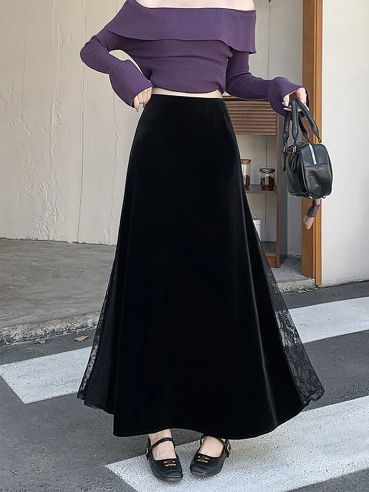 

Юбка-миди из бархата с кружевными вставками, женская, зимняя, новая, с завышенной талией, стройнящая, длинная, в стиле ретро, элегантная