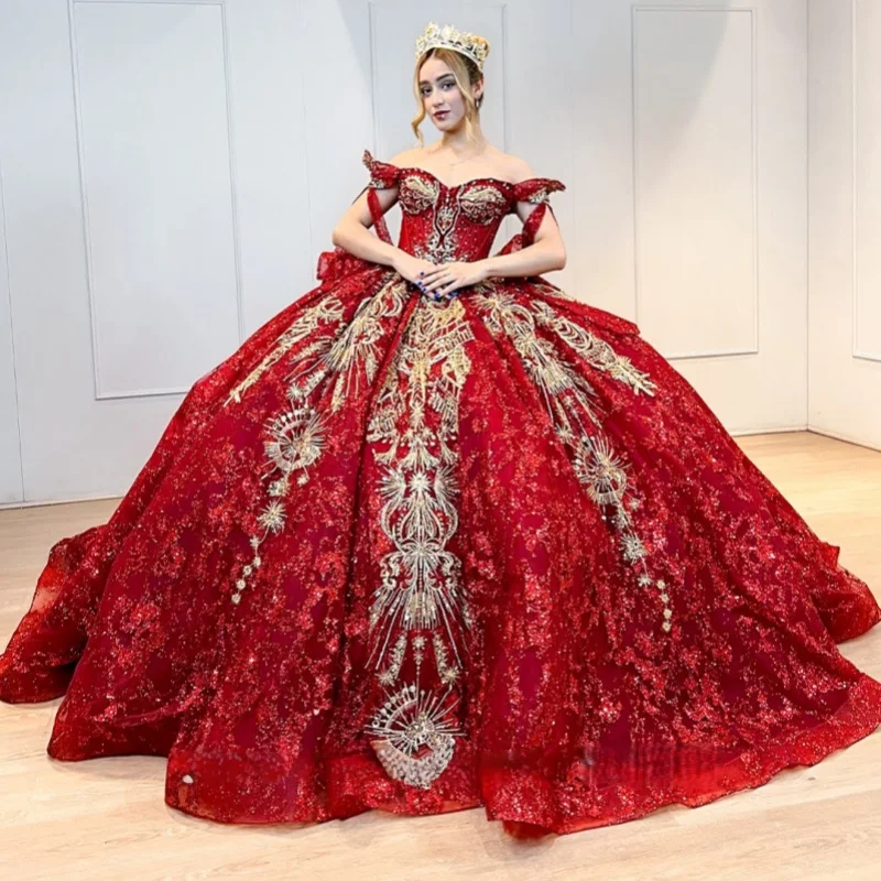 

Shiny Red Quinceanera Dress Golden Glitter Decal Crystal Long tail off-shoulder layering Vestidos De 15 Quinceanera ﻿Customize