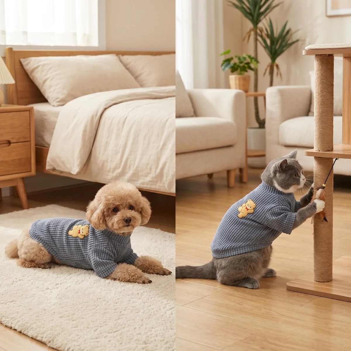 Grauer Waffelstrick-Katzenpullover - 3D-Bären-Stickerei Warme Haustierkleidung für Katzen und Kleine Hunde – Detail 1