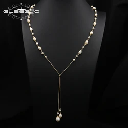 Glseevo Natural Fresh Water Pearls Women Long Necklace Pendant For Party Sweater Chain Luxury Fine Jewelry for Girl Gifts GN040