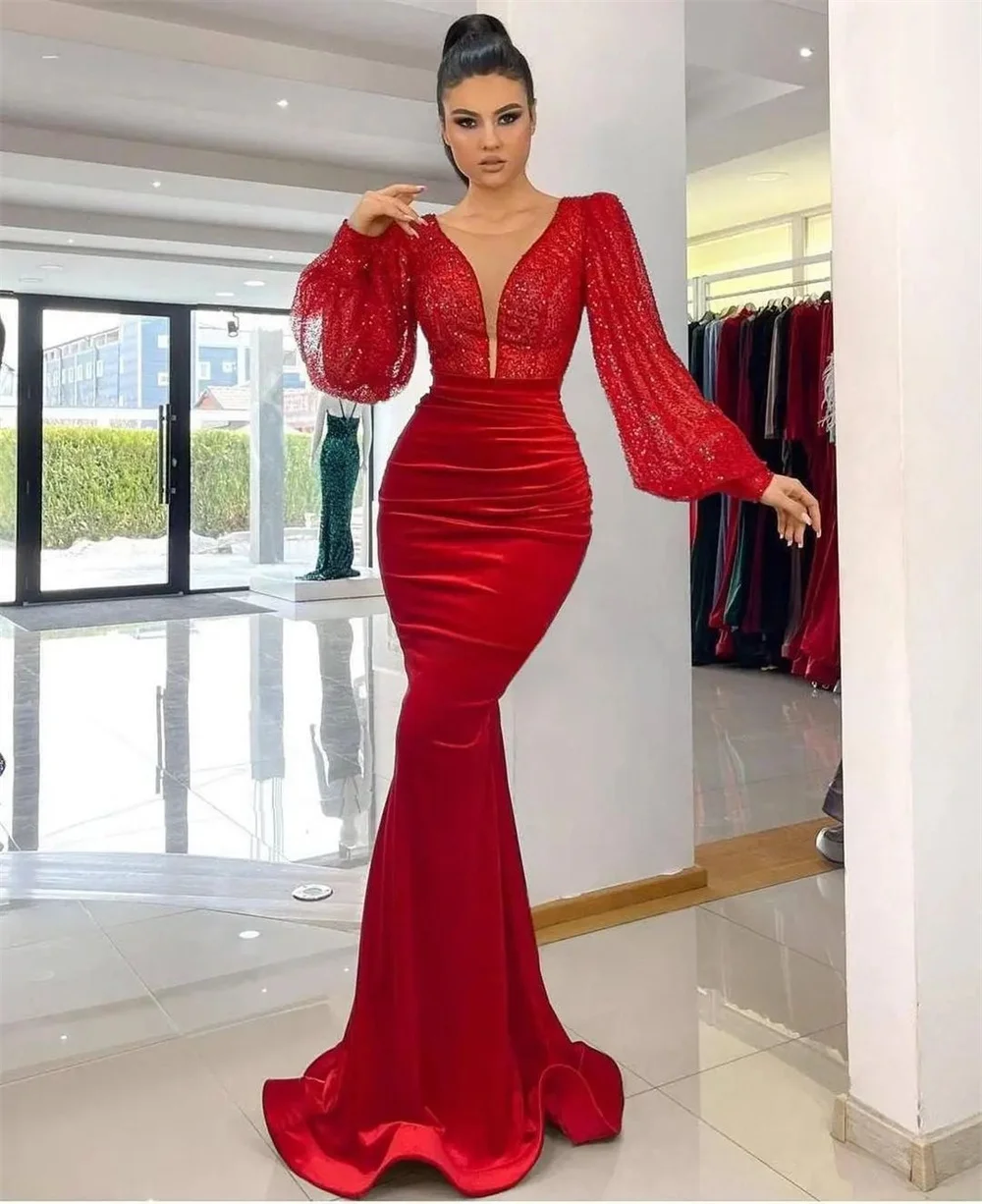 Deep V-Neck Puffy Sleeve Tulle Floor Length Vintage Glitter Mermaid Evening Formal Occasion Ruched Dresses Party Women Gown 2023