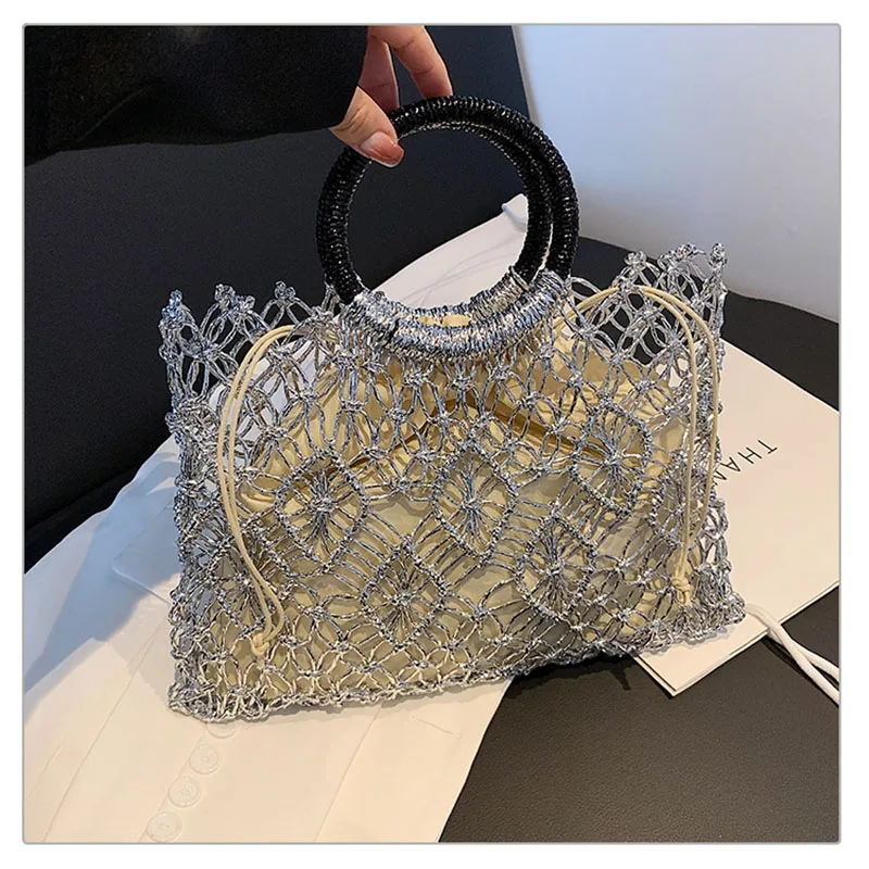 

Ladies Knitting Straw Rope Bag Vacation Large Tote Bag Fashion Women's Hollow Woven Handbag Summer Beach Bag