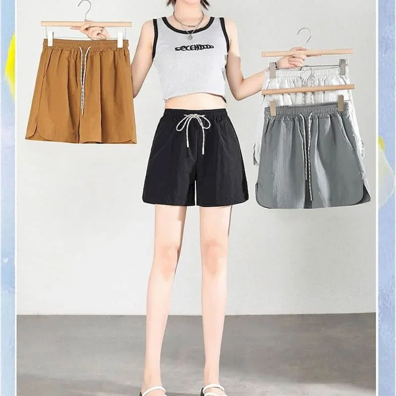 팝 솔리드 반바지 여성 캐주얼 루즈 파라슈트 A라인 와이드 레그 반바지 사파리 스타일 밴딩 허리 핫팬츠 스트릿웨어 여성 의류