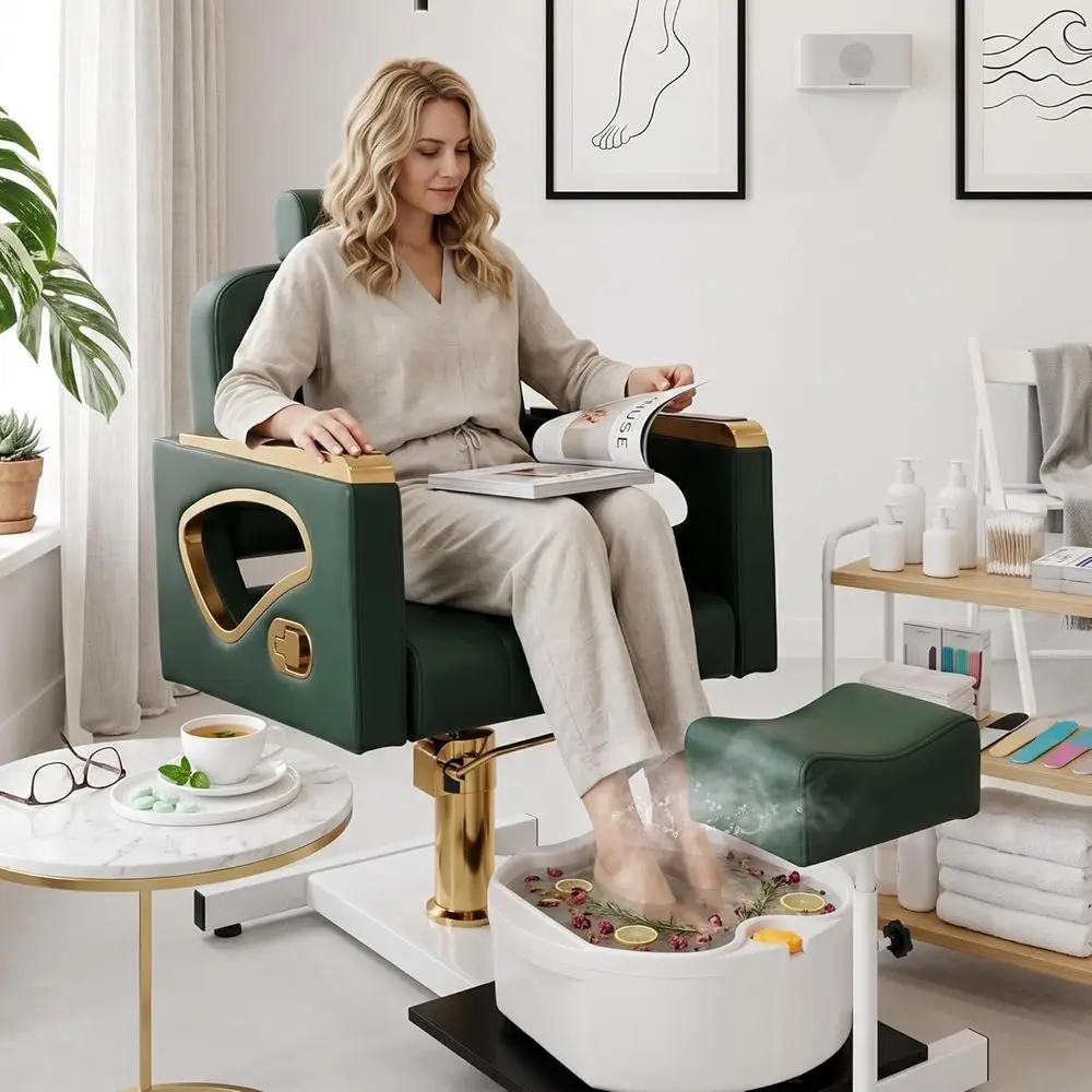 Reclining Pedicure Chair with Adjustable Footrest and Massage Bowl, Spa Pedicure Station for Beauty Technician Supplies