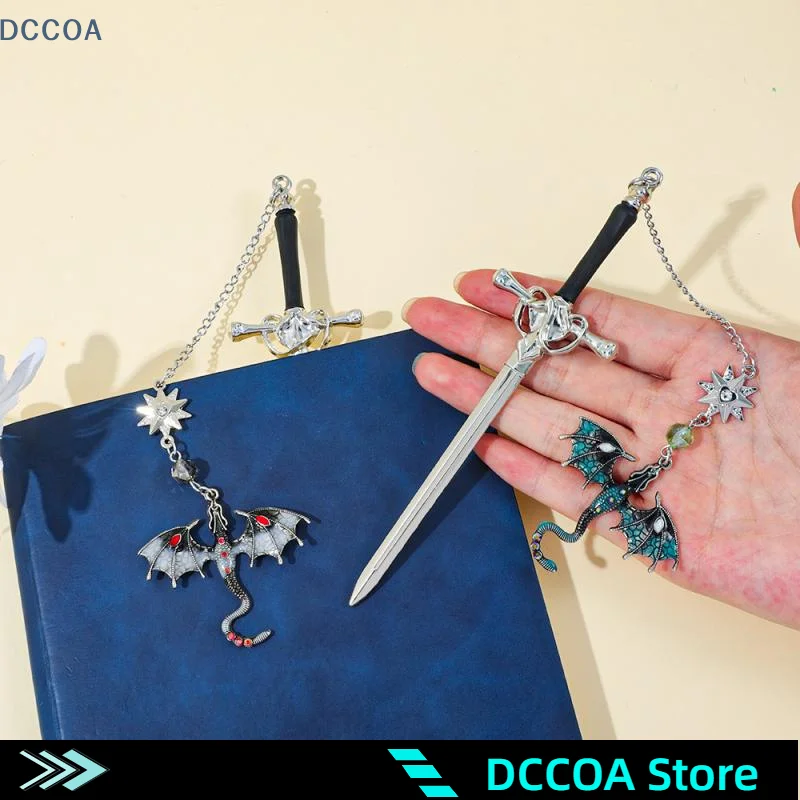 Sword-shaped Weapon Model Metal Bookmark With Double-winged Dragon Pendant Book Lovers Reading Accessories Birthday Gift