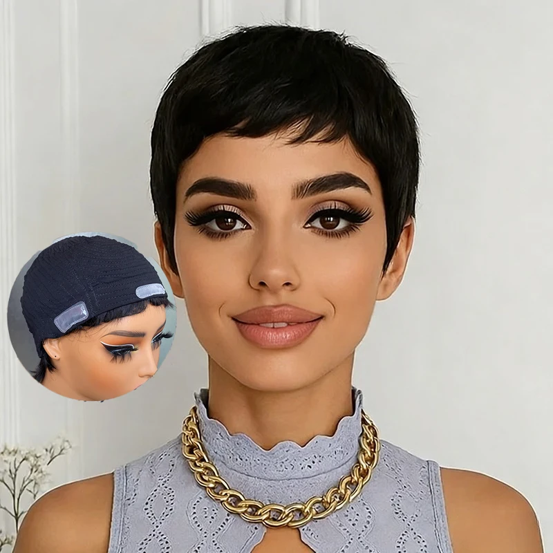

Put On&Go Pixie Cut Human Hair Short Bangs Wigs Ultra Soft&Comfortable Cotton Cap Hair Trouble Friendly Wigs Machine Made Wigs
