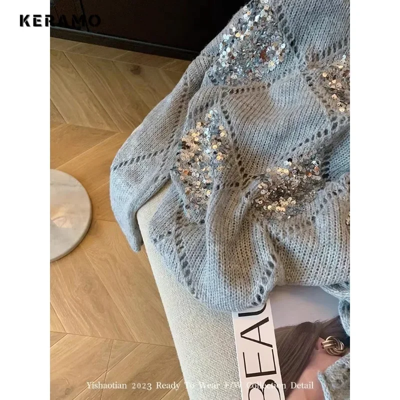 2023 Winter Hotsweet Casual Round Neck Knitting Long Sleeve Pullovers Women Hollow Out Appliques Ladies Sexy Loose Sweater