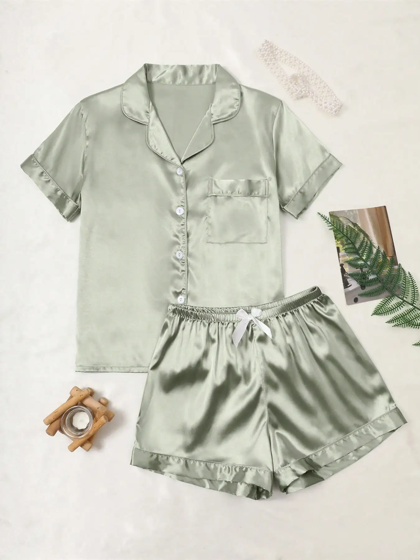 

Women's Sage Green Satin Pajama Set - Short Sleeve Button-Up Top & Shorts