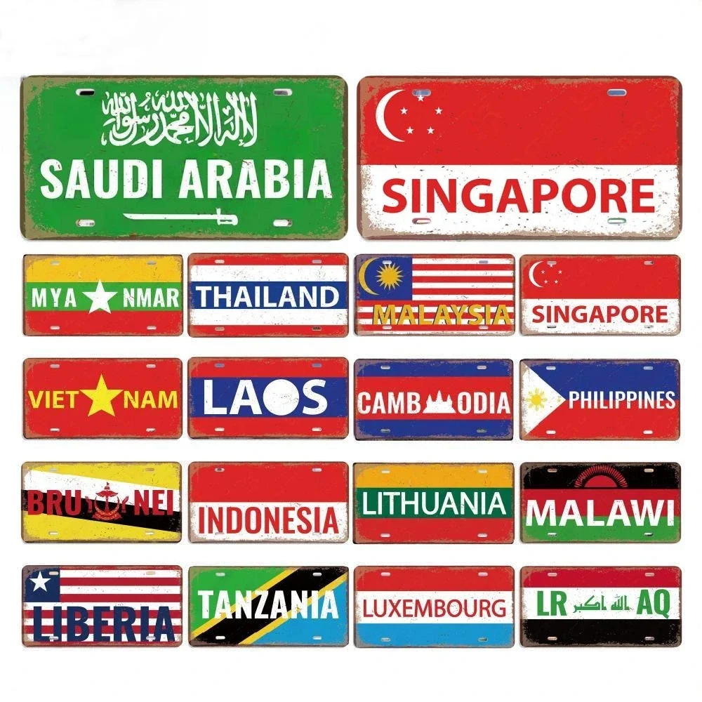 2D Flat Retro Wall Art Country Poster Saudi Arabia Singapore Thailand Aluminum Plaque License Plate Wall Sign Hanging Decor
