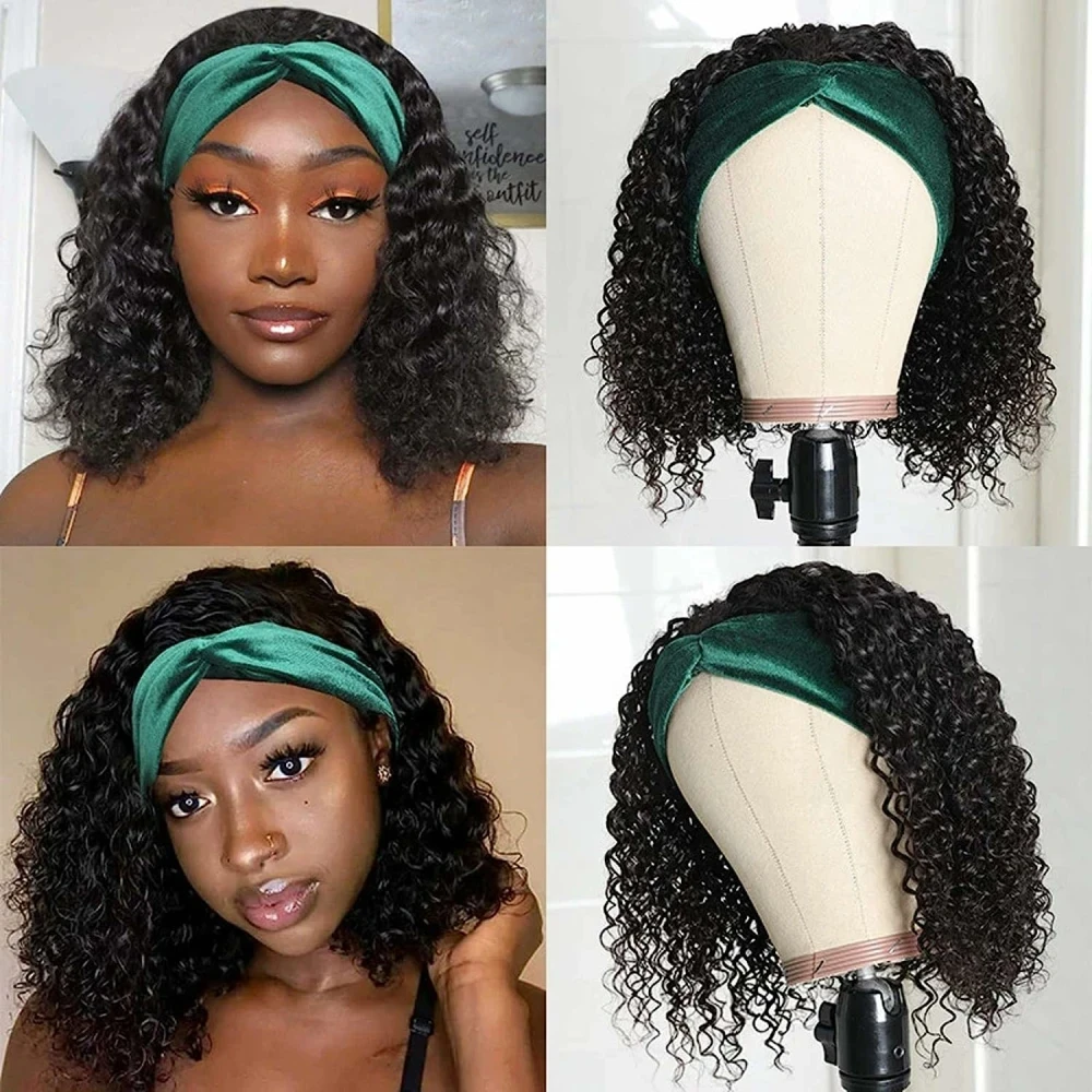 Headband Wig Deep Wave 12 Inch Human Hair Headband Wig Curly hair Human Hair Wigs Machine Made No Glue Deep Curly Human Hair Wig