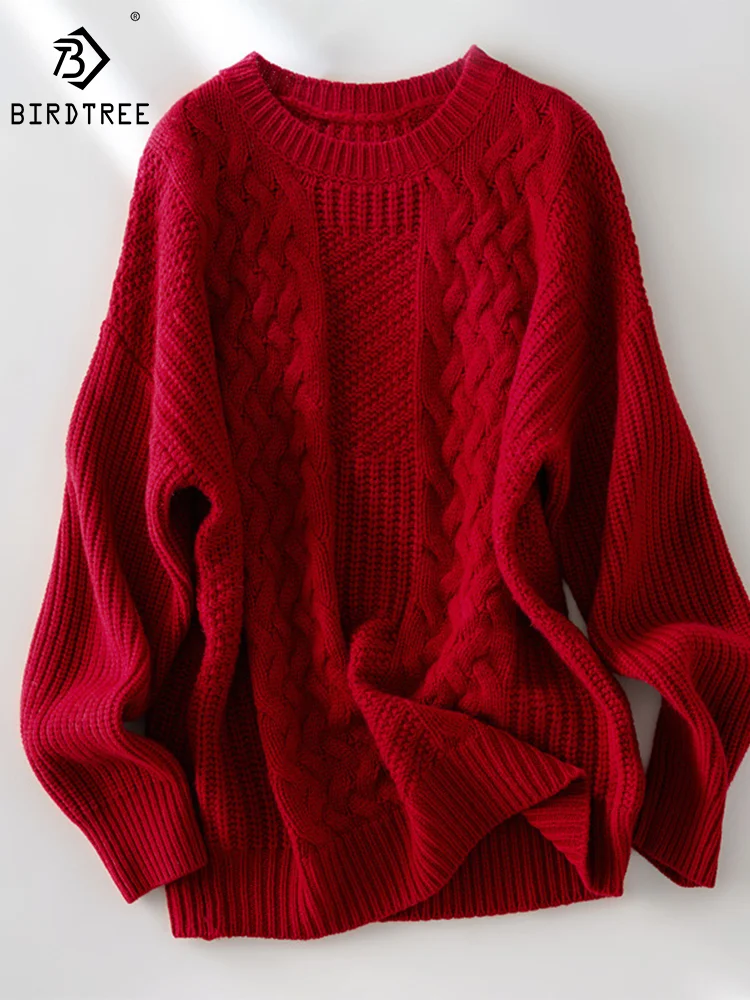

Birdtree 100% Cashmere Women Christmas Red Cable Sweaters O Neck Loose Casual Thicken Knit Pullovers Autumn Winter New T30520QM