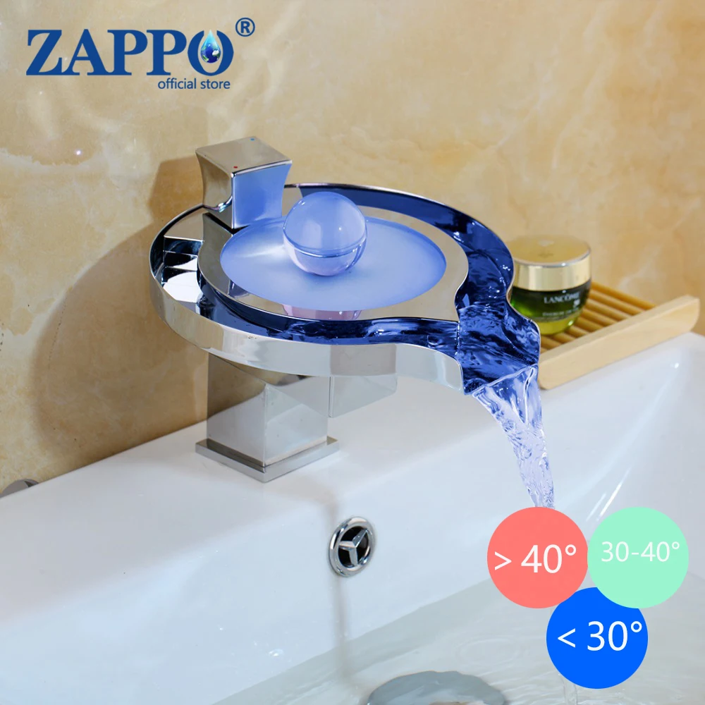 ZAPPO LED RGB Bathroom Basin Sink Faucet Waterfall Brass Bathroom Vessel Sink Mixer Tap Chrome Finish Hot Cold Water Faucets