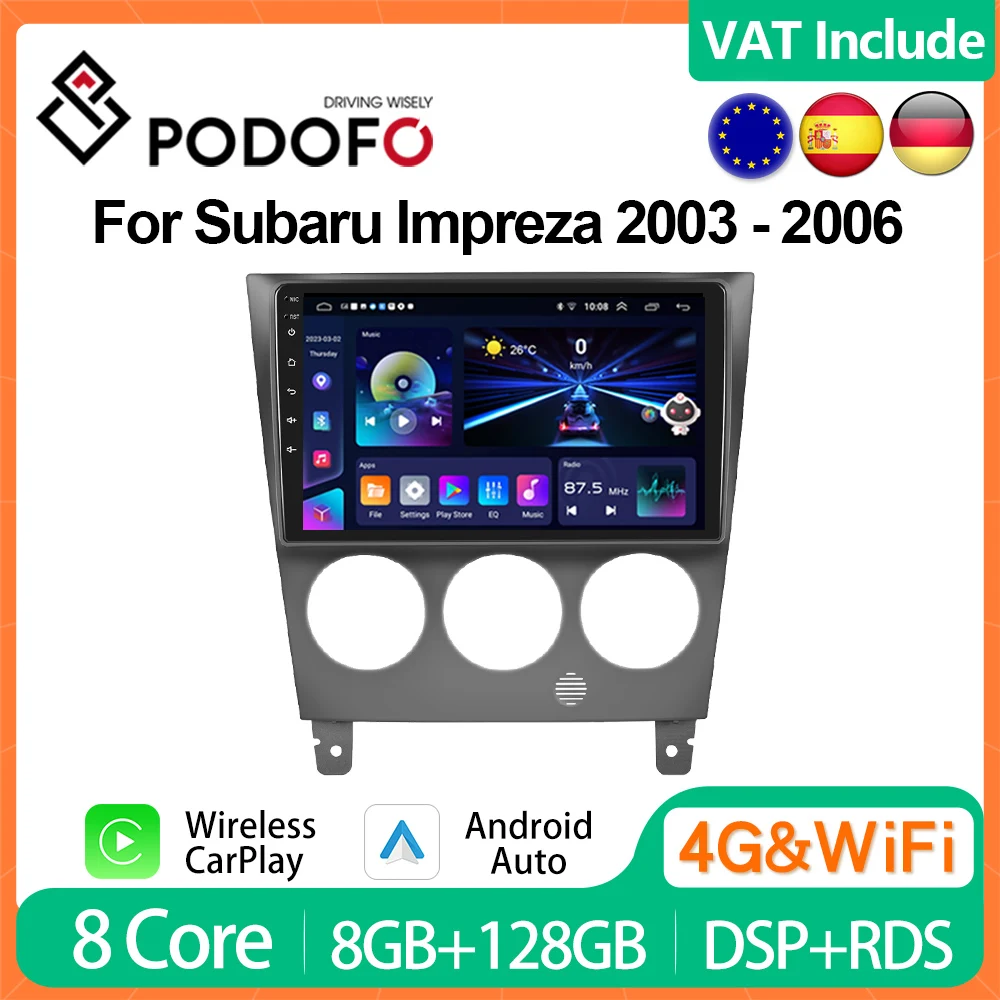 Podofo 8G+128G CarPlay Android Car Radio For Subaru Impreza 2003-2006 Multimedia Player 4G GPS Navi Head Unit 2din HiFi Stereo