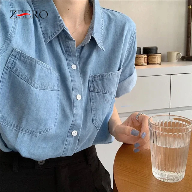 Summer Women Mid Length Half Sleeve Loose Blouses Vintage Oversized Blue Denim Shirts Korean Ladies Jeans Shirt Woman Tops Women Shirt AliExpress