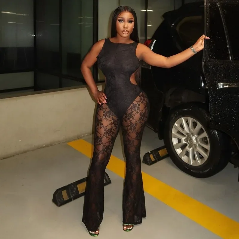 Doyerl Floral Lace Jumpsuit Women Sleeveless O-neck Backless Skinny Patchwork See Through Rompers Sexy Overalls Birthday Outfits