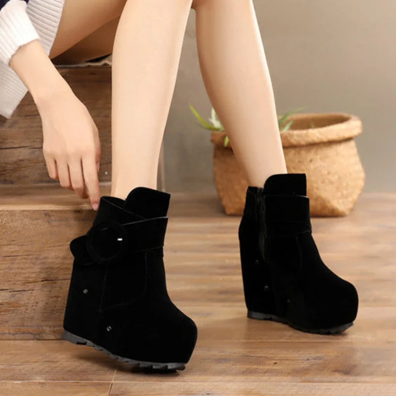 Wedge Ankle Boots Winter Warm 2024 New Tassel Shoes Lady Super High Heel Thick Sole Platform Frosted Motorcycles Boots Black