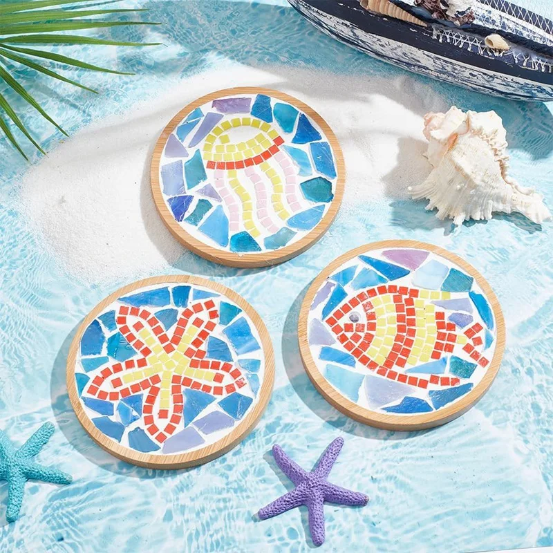 Kit de manualidades de mosaico DIY, posavasos de bambú para adultos principiantes, con bandeja de Base en blanco para arte hecho a mano, decoración del hogar, 3 juegos