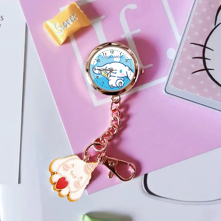 

New Sanrio Cartoon Quartz Pocket Watch Cute Anime Cinnamoroll Kuromi Hello Kitty Key Chain Watch Girl Backpack Accessories Gifts