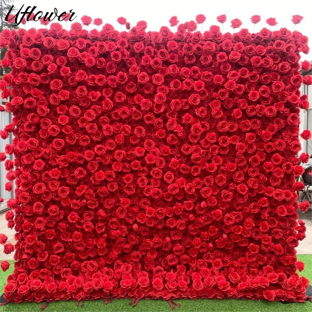 

Uflower Red Rose 5D Cloth Flower Wall Wedding Backdrop Fabric Hanging Curtain Floral Window Display Party Event Props Decoration