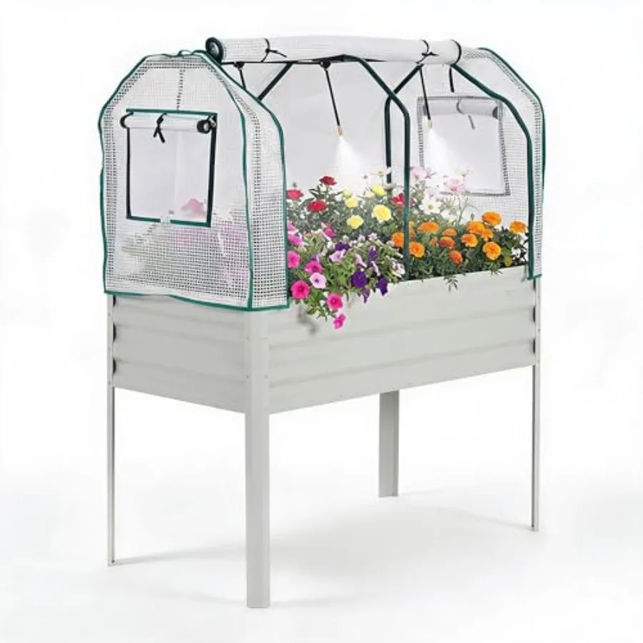 Large metal raised garden bed for vegetables and flowers, galvanized steel, silver, with legs, cover, and built-in spray tube f