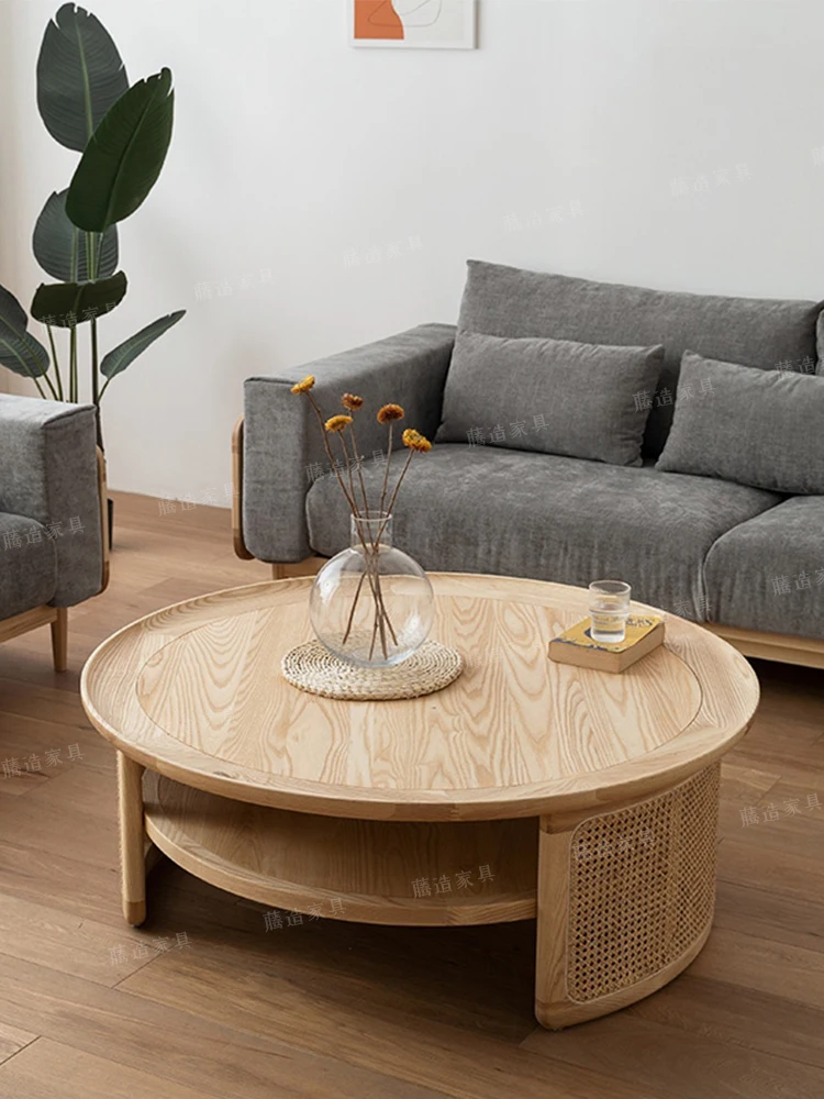 Wabi-sabi style, solid wood, round coffee table, Japanese-style tatami mat, small apartment, rattan tea table, living room,