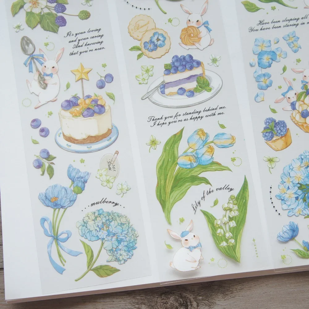 

6 Sheets White Rabbit Love Flower and Sweet Cake PVC Sticker Gift Tag Gift Decoration Scrapbooking Background DIY Sticker