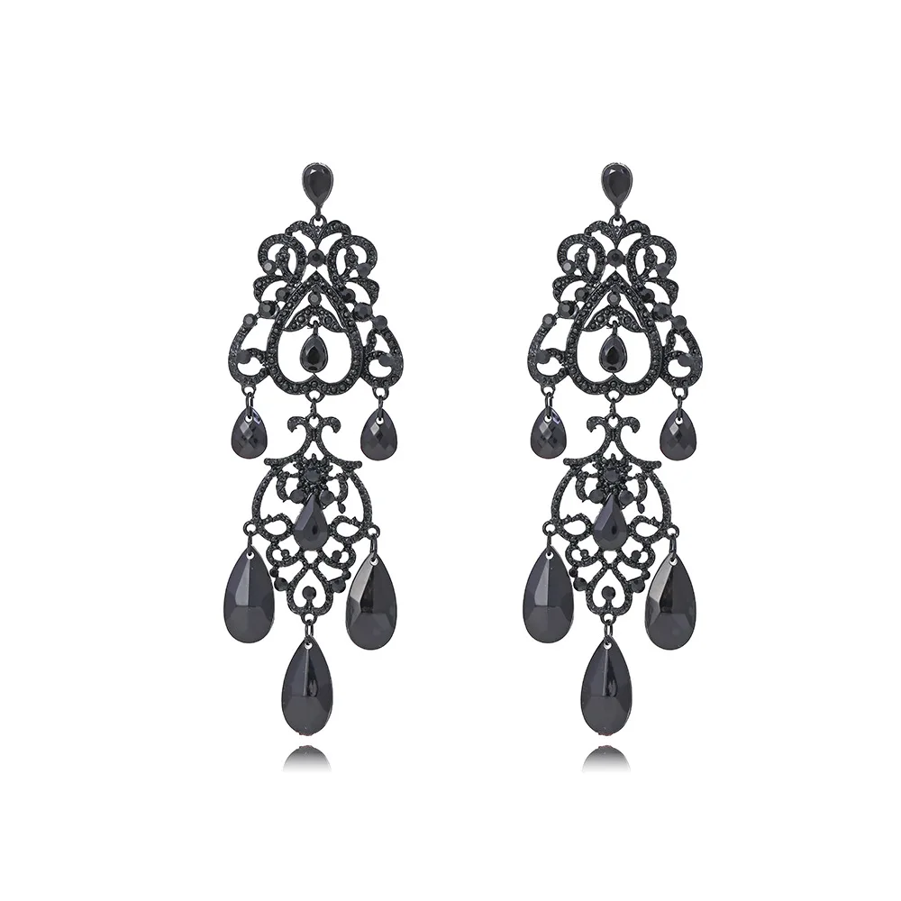 Metal Black Hollowed Out Rhinestone Geometric Dangle Earings for Women New Minimalist Design Jewelry Party Accessories