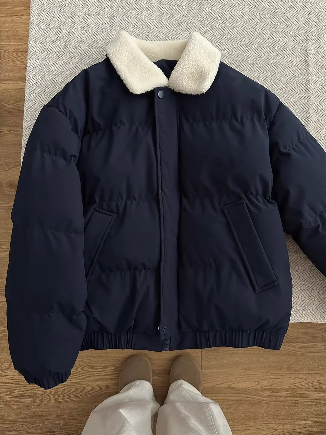 

Men's Winter Jaet Lamb Fur Collar Thi Warm Cotton ort Sle Couple Bread Cotton Coat Stand Fit Daily Wear Polyester ...