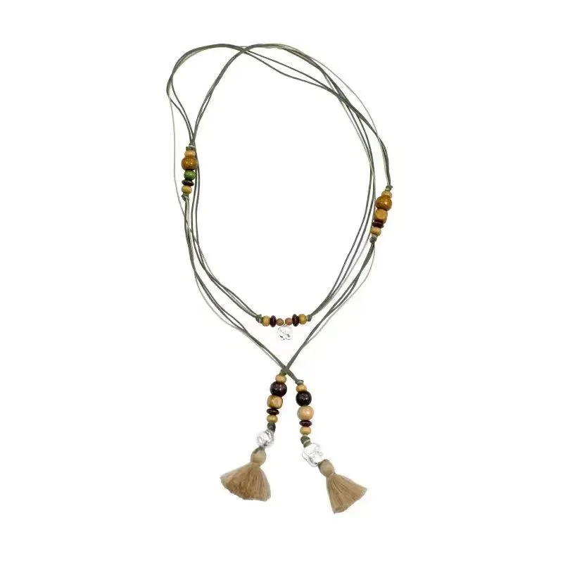Ethnic style baby elephant beaded braided rope necklace retro versatile bohemian pendant niche design long necklace women
