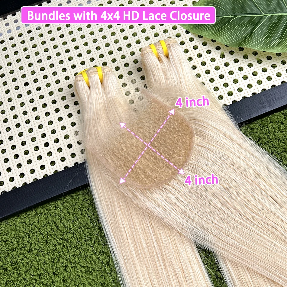 Blonde Color Straight Hair Bundles With 4x4 HD Invisible Lace Closure #613 Colored 100% Human Hair Weave Extensions Bundle Deal