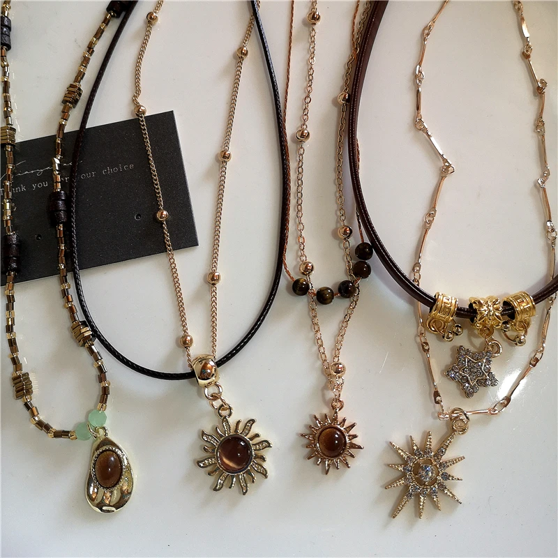 2025, trendige Sun Star Zirkon Halsketten für Frauen, Vintage-Leder-Halskette, doppellagiger Anhänger, Kette, Halsband, Modeschmuck