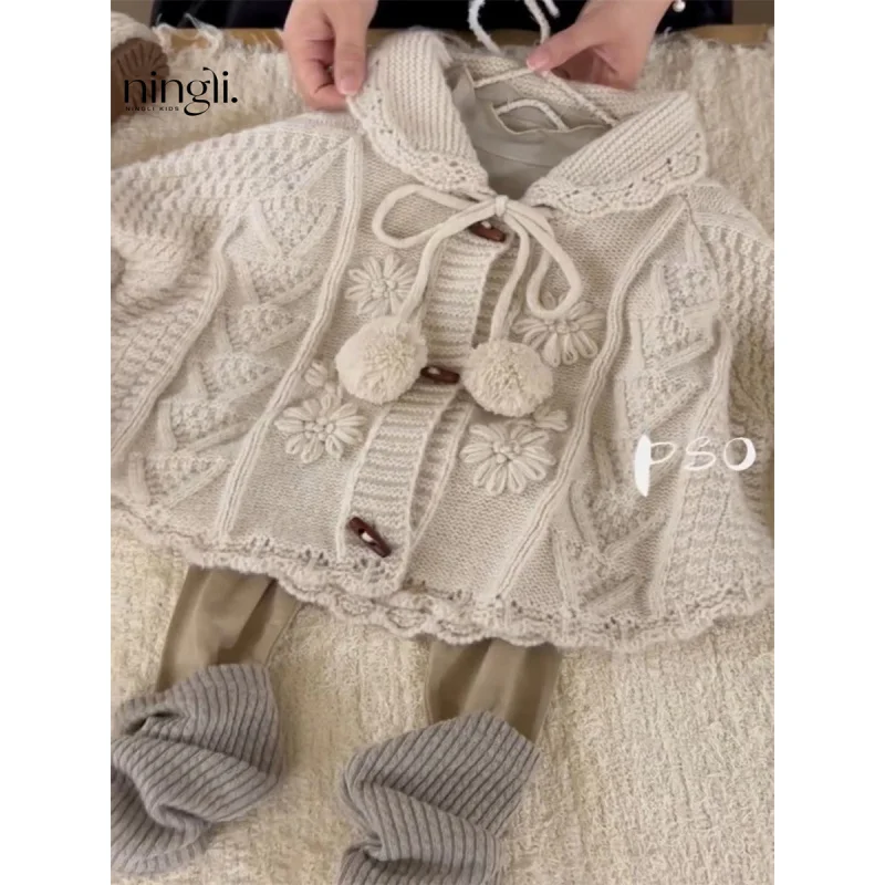 Children's Clothing Kids' Sweater2024Autumn New Girls' Fashionable Retro Handmade Crochet Knitted Cardigan Coat