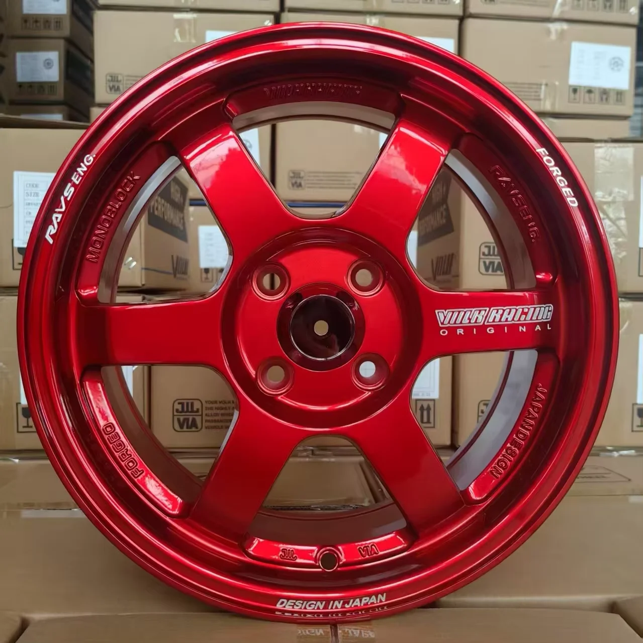 TE37 Style 15 Inch 4 Hole Aluminum Alloy Wheel Rims, 4x100 Candy Red JDM Passenger Car Wheels Fit Ford Honda Toyota Mazda
