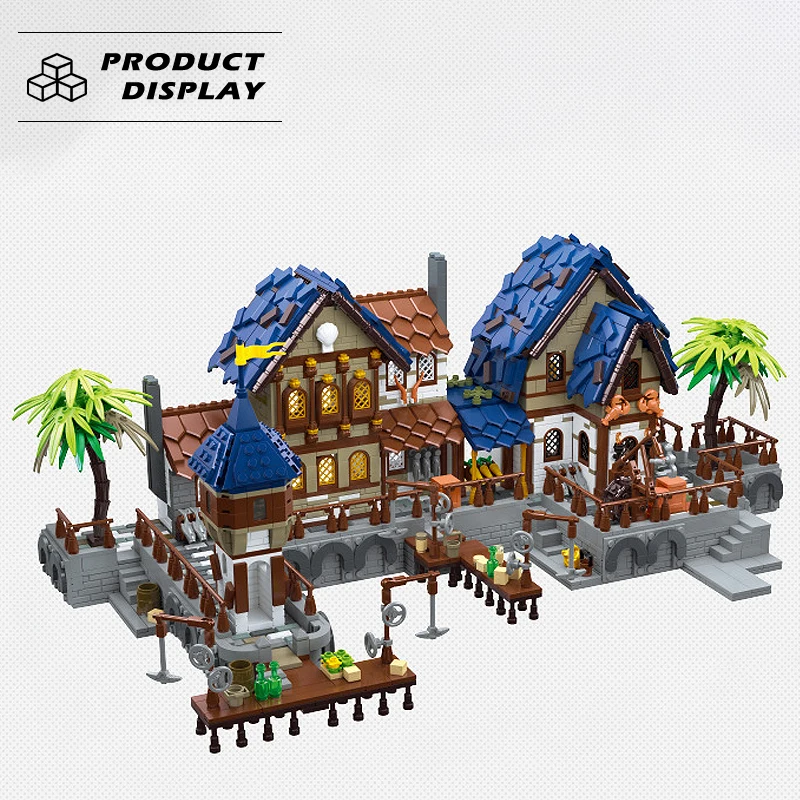 Street View Medieval Harbor Building Blocks Medieval Architecture House Assembly Model City Bricks With Lights Toys For Kid Gift