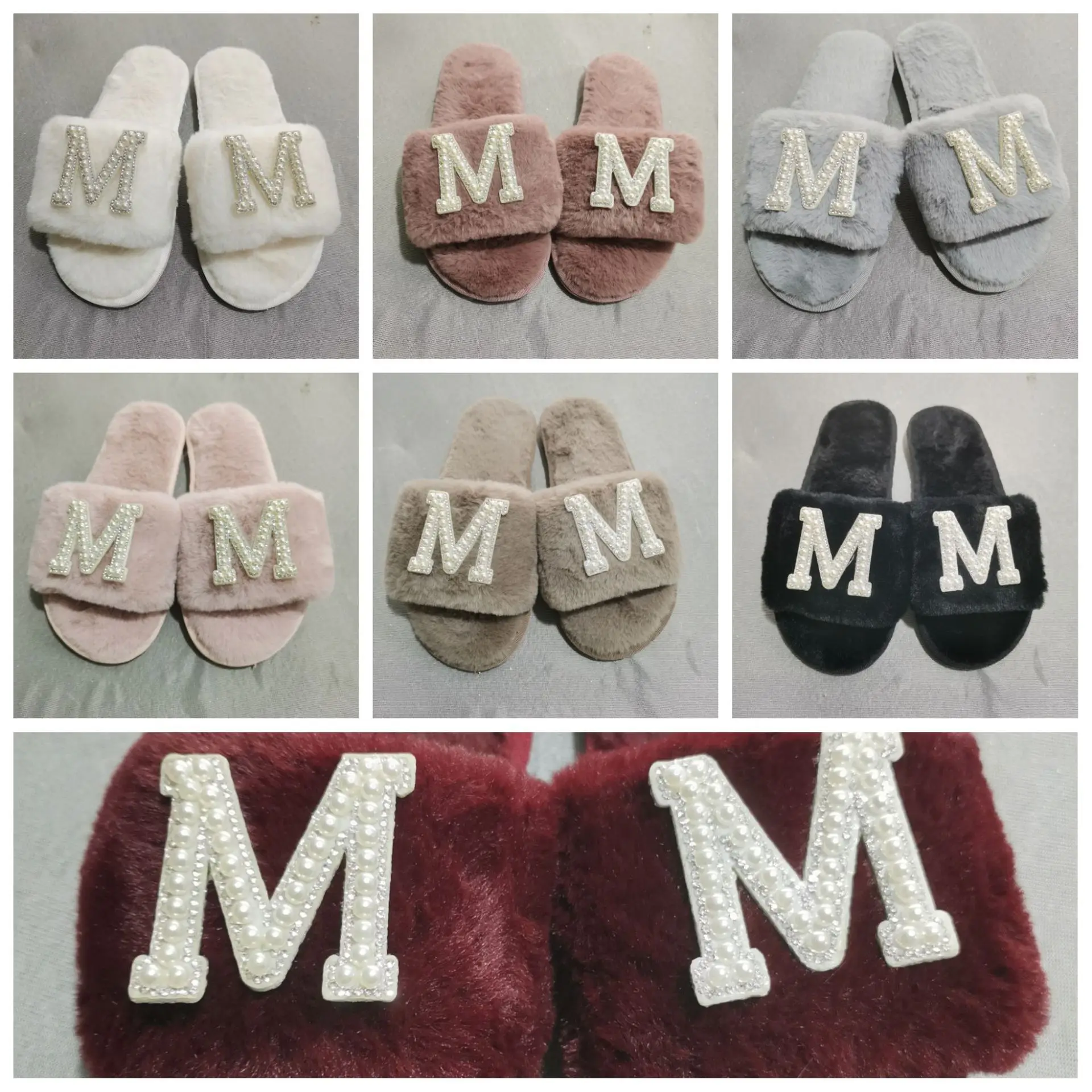 

Hot Sale New Women's Fur Slippers Thick-soled Pearl Home Shoes Autumn and Winter Indoor Slippers Letter Plush Slippers Wholesale