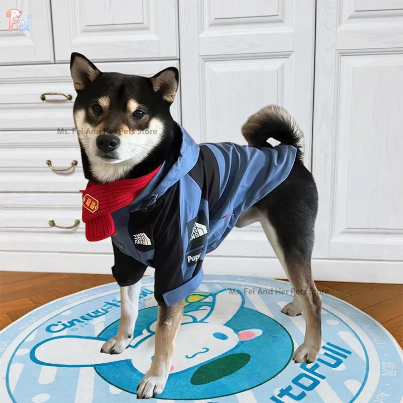 

Windproof Dog Jacket with Hood, Blue Outdoor Coat for Small Dogs Like Shiba Inu, Warm Reflective Apparel for Hiking & City Walks