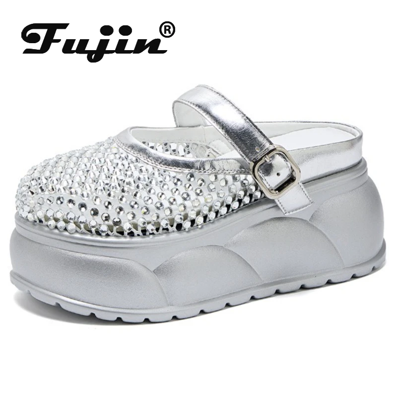 

Fujin 8 см кожаные дышащие сандалии из микрофибры на плоской подошве, блестящая обувь высокого бренда, женские тапочки, блестящие модные туфли на танкетке на платформе