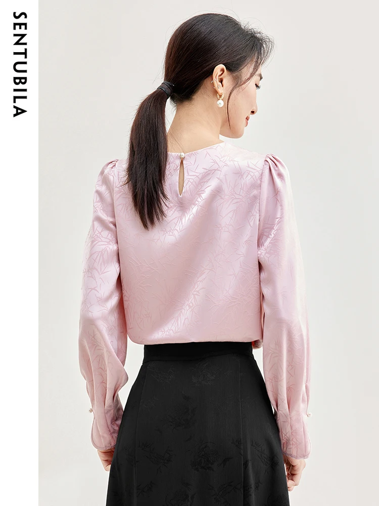 SENTUBILA Puff Long Sleeve Elegant Chiffon Blouse Women Keyhole Back Shirt Lady Chinese Style Jacquard Bamboo Leaf Top 133V51225