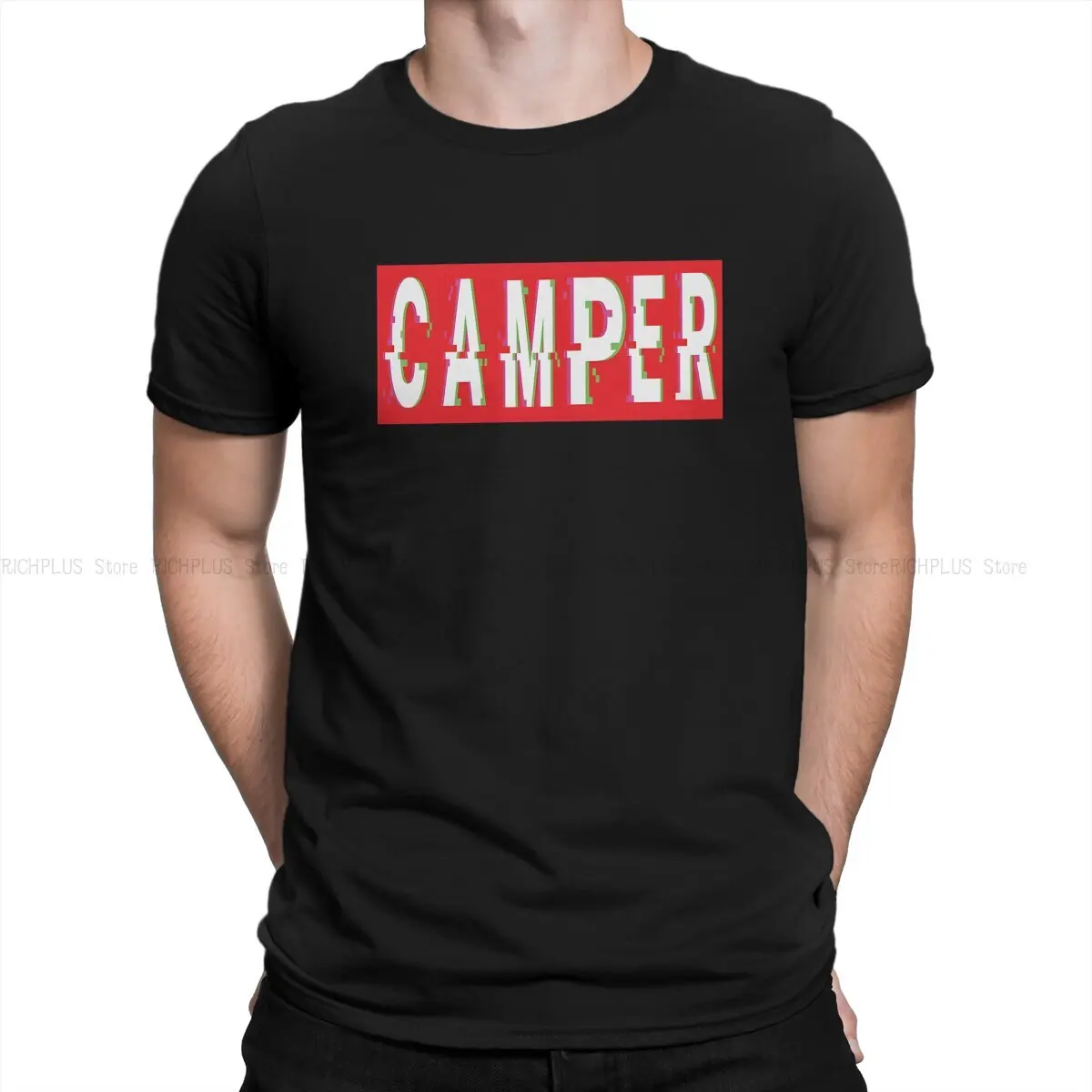 Camper Camping Newest TShirt for Men Glitch Camper Gamer Round Neck Polyester T Shirt Personalize Birthday Gifts OutdoorWear