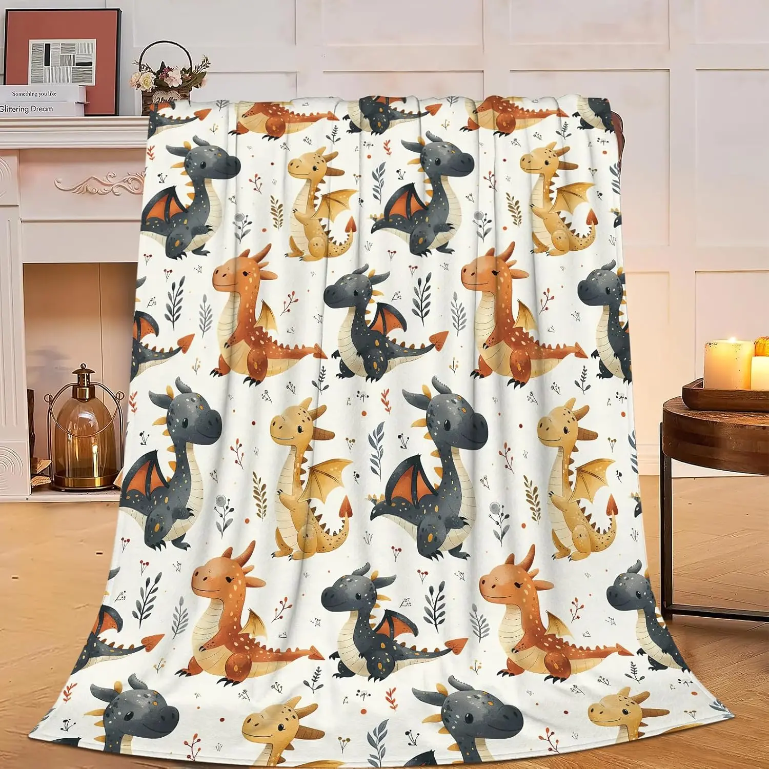 Cute Dinosaur Print Throw Blanket for Kids Nursery Bed Decor Spring Autumn Home Decorative Throw Wrap