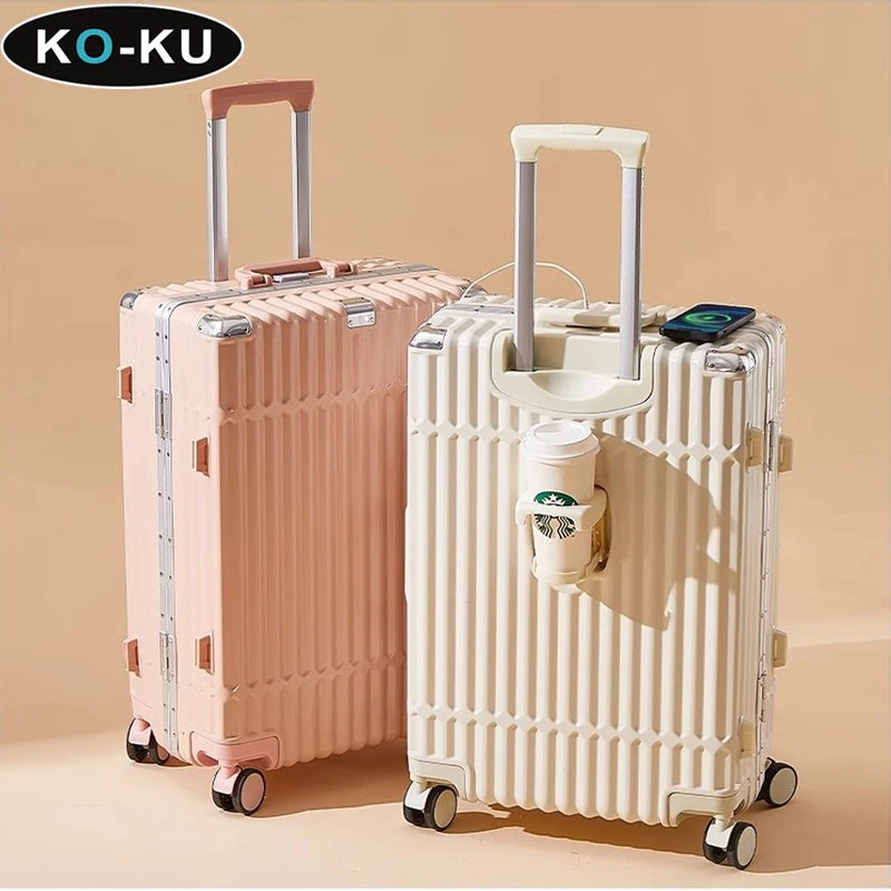 KO-KU 20/22/24/26/28 Inch Luggage 2024New Aluminium Frame Suitcase Trolley Case Cup Holder Usb Port Password Travel Boarding Box