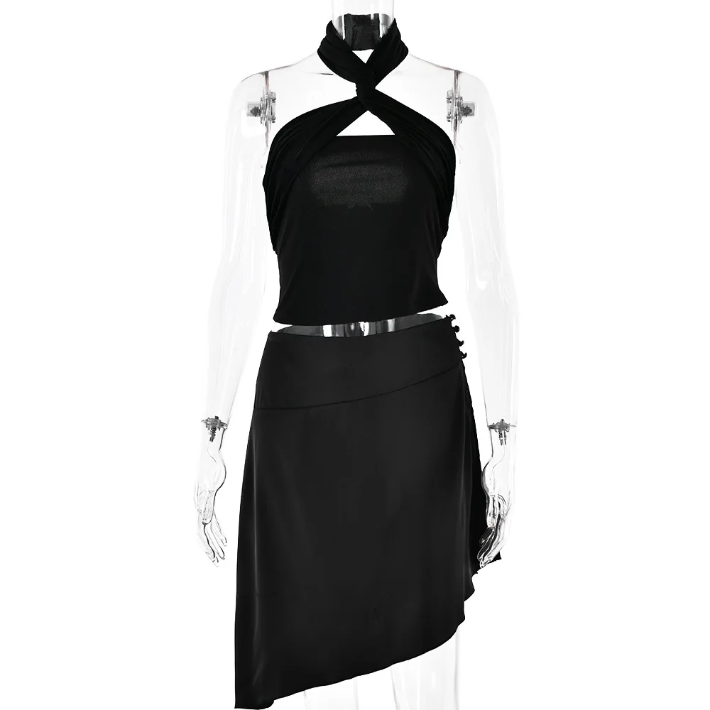 Vestido de fiesta de 2 piezas para mujer, corta con cuello minifalda Halter, sin mangas, informal, Sexy, color negro