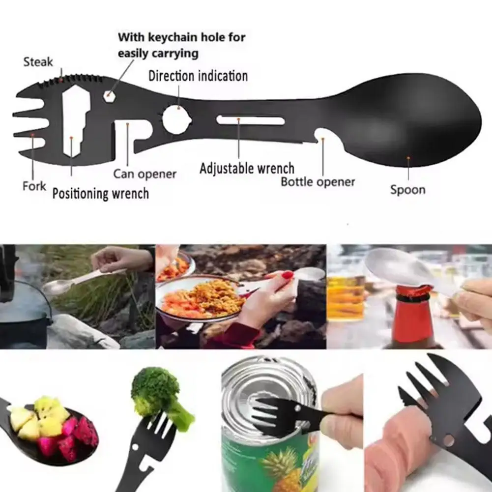Outdoor Multi-functional 6-in-1 Camping Survival Tool Stainless Steel Fork Knife Spoon Bottle/Can Opener