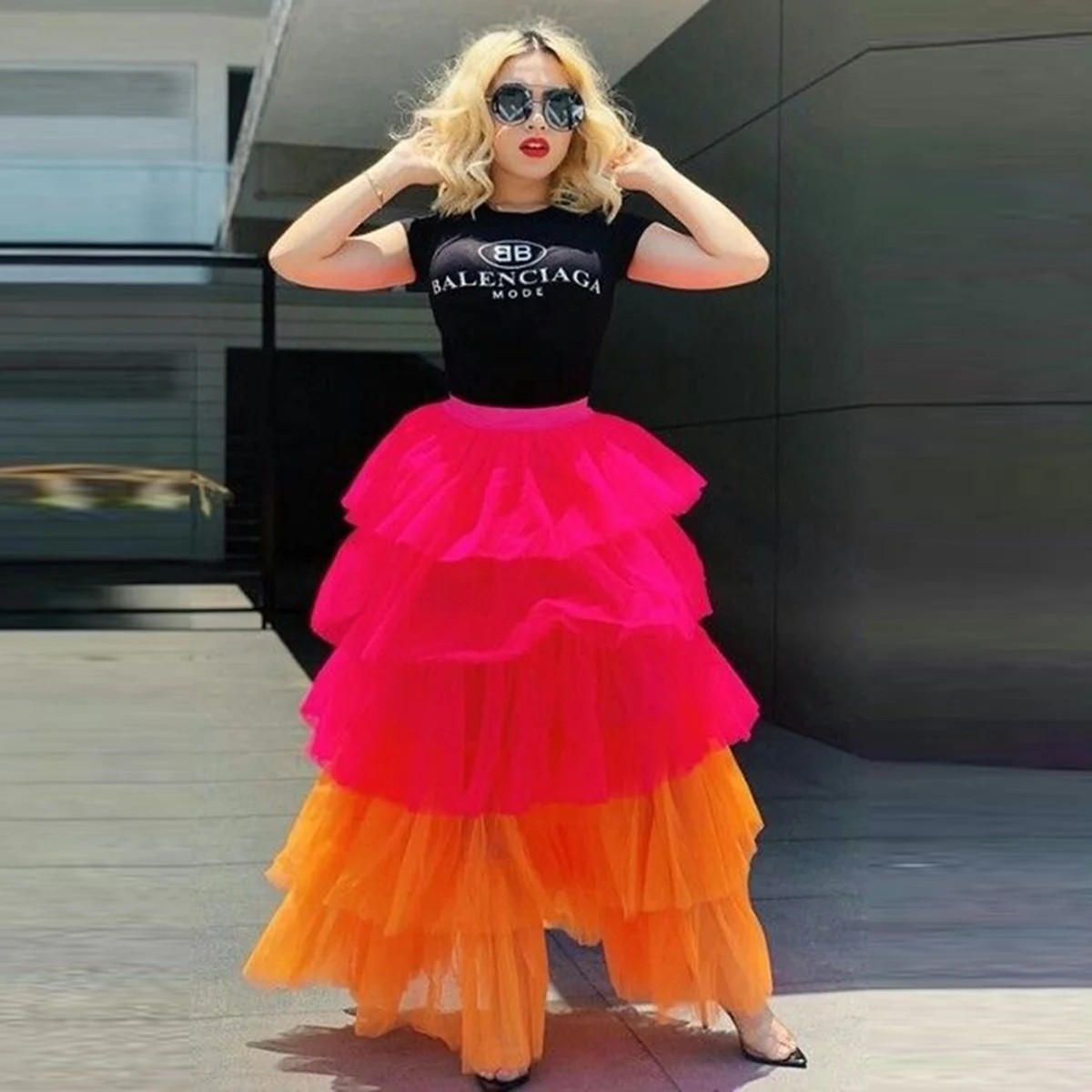 Fuchsia und Orange gestufte lange Röcke elastische Taille Tüll Tutu Rock bodenlangen Frauen formelle Kleidung Party Röcke