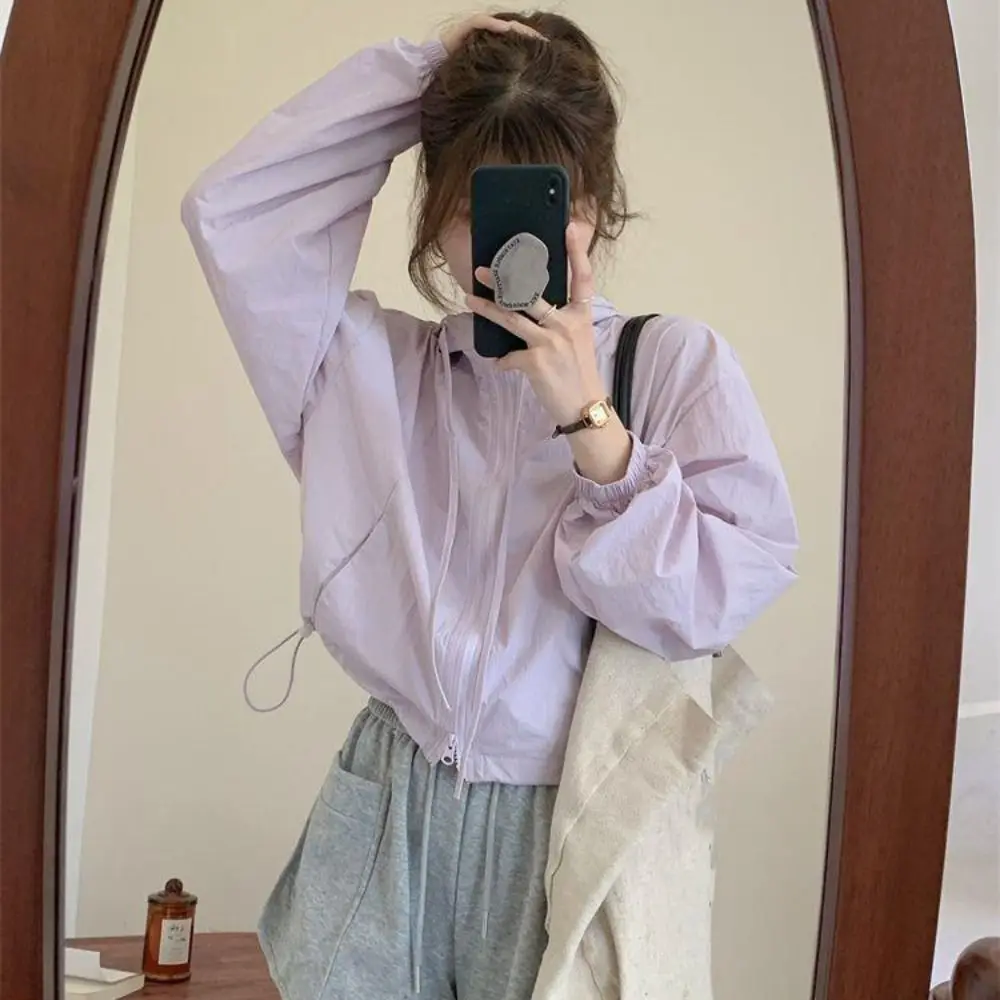 

Drawstring Sun Protection Clothing Long Sleeve Anti-UV Quick Dry Jackets Women Long-sleeved Korean Style Hooded Sunscreen Top